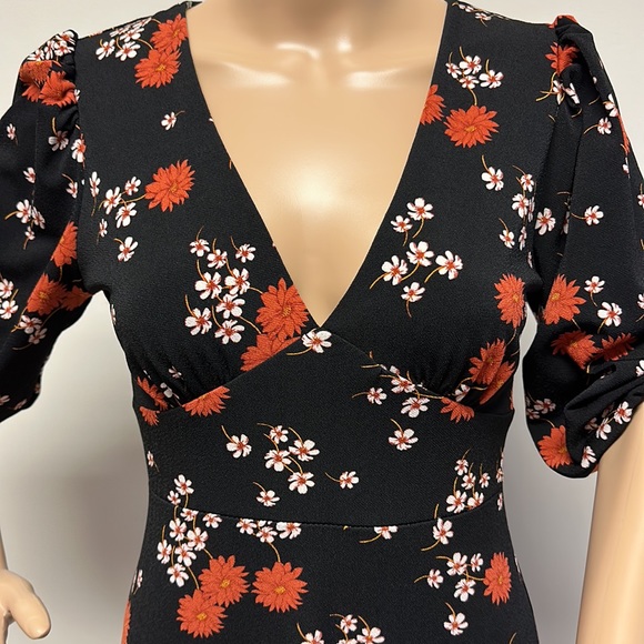 NWOT All in Favor Floral MIDI Dress, black with orange florals - Picture 3 of 16
